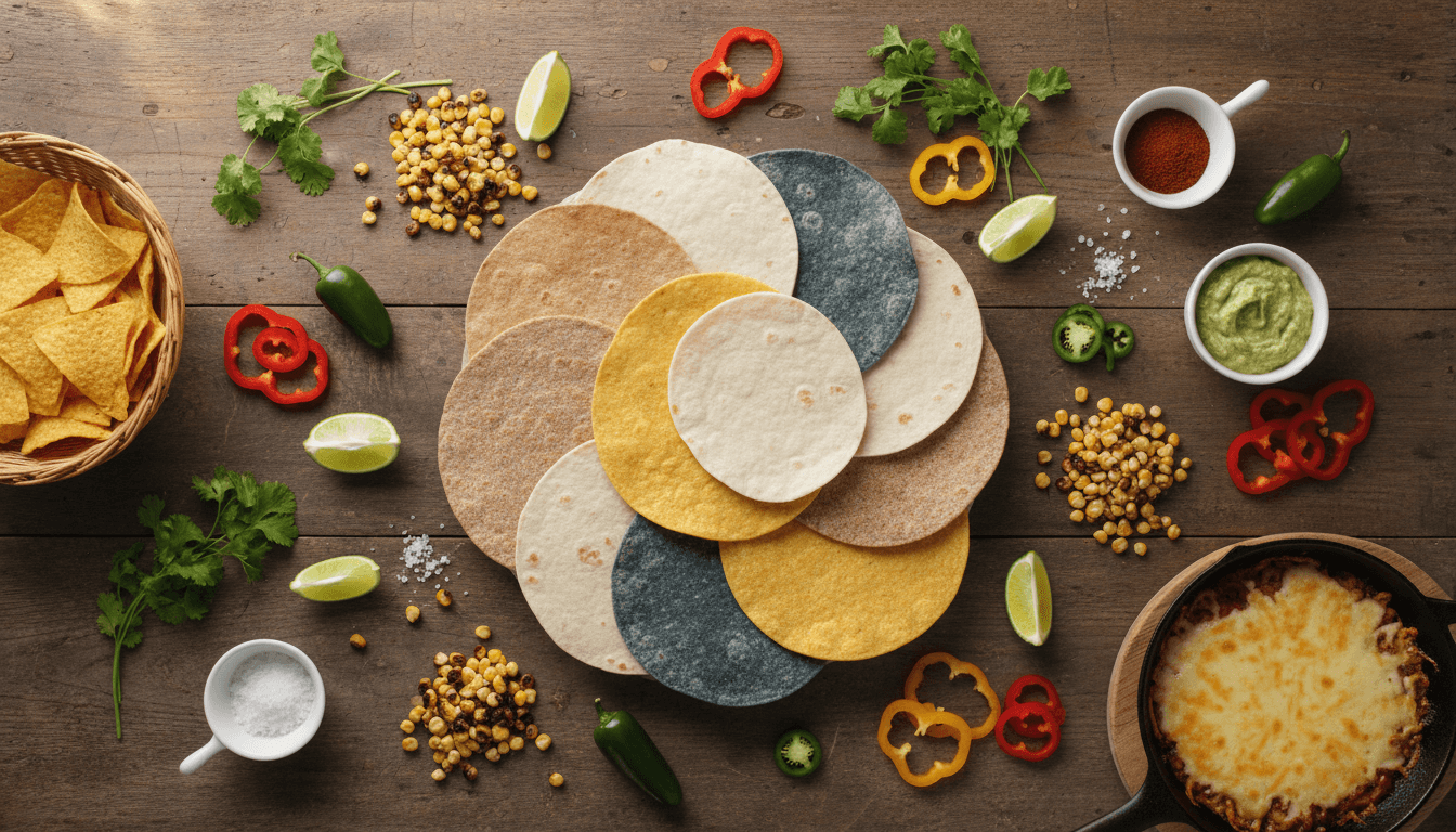Variety of fresh tortillas and ingredients