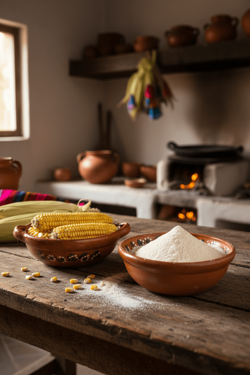 Fresh corn and masa ingredients for tortilla making
