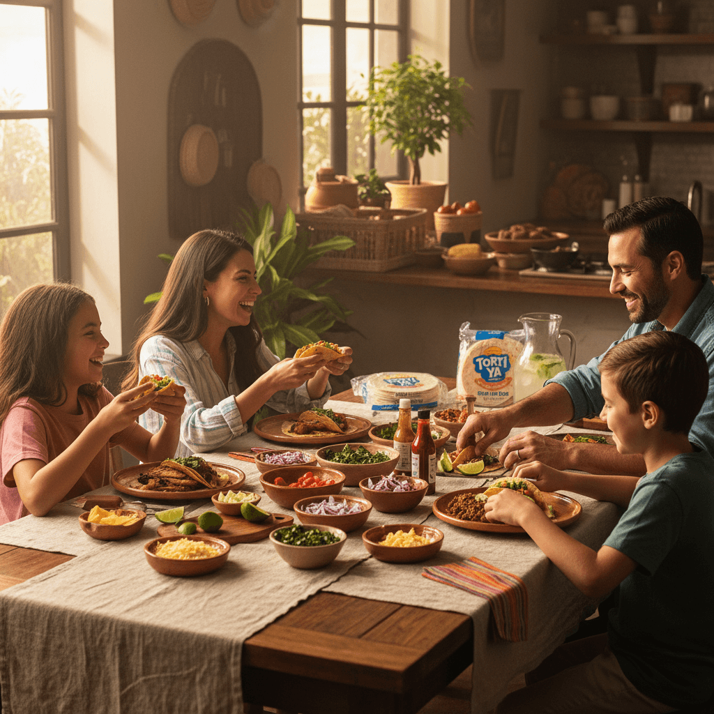 Family enjoying meal with Torti Ya tortillas