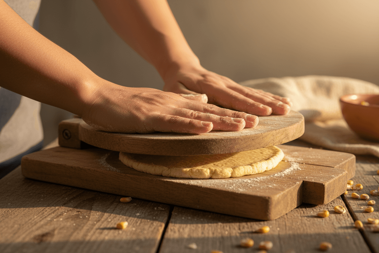 Traditional tortilla making process with wooden press